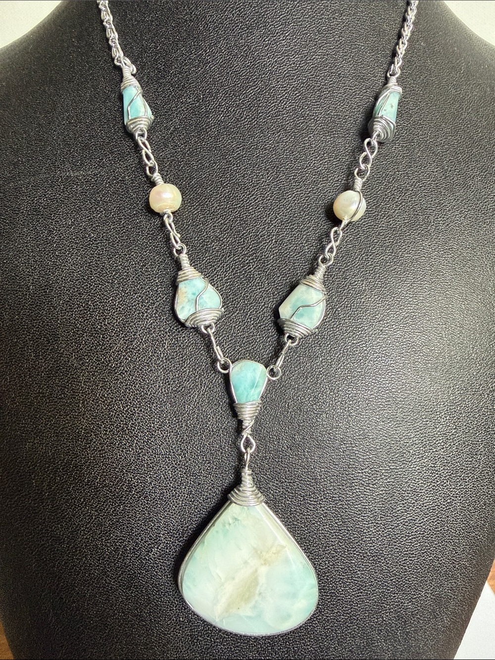 Sterling silver Larimar and pearl necklace- Women Jewelry
